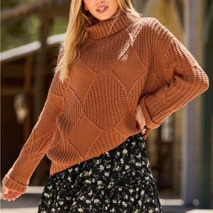 Cozy Cable Knit Turtleneck Sweater - Warm Brown